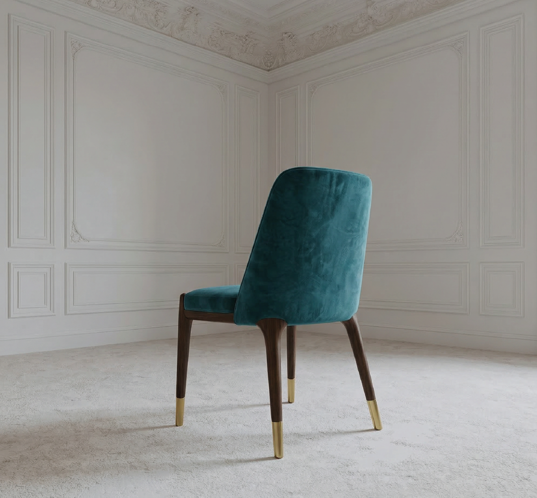 Modern dining chair with green velvet upholstery, wooden legs, and brass feet in a classic interior