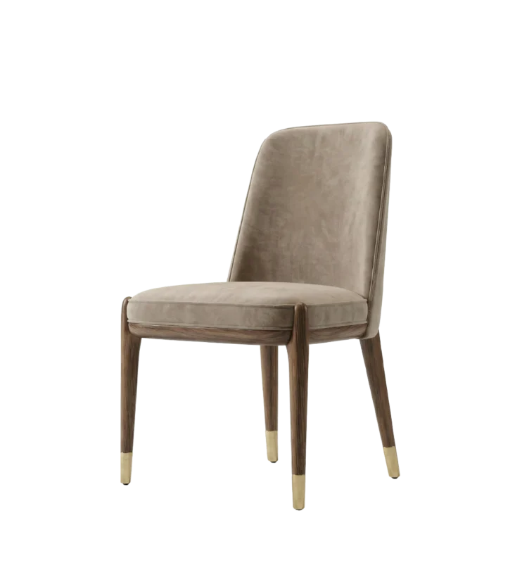 Elegant beige dining chair with brass-tipped legs and wooden frame