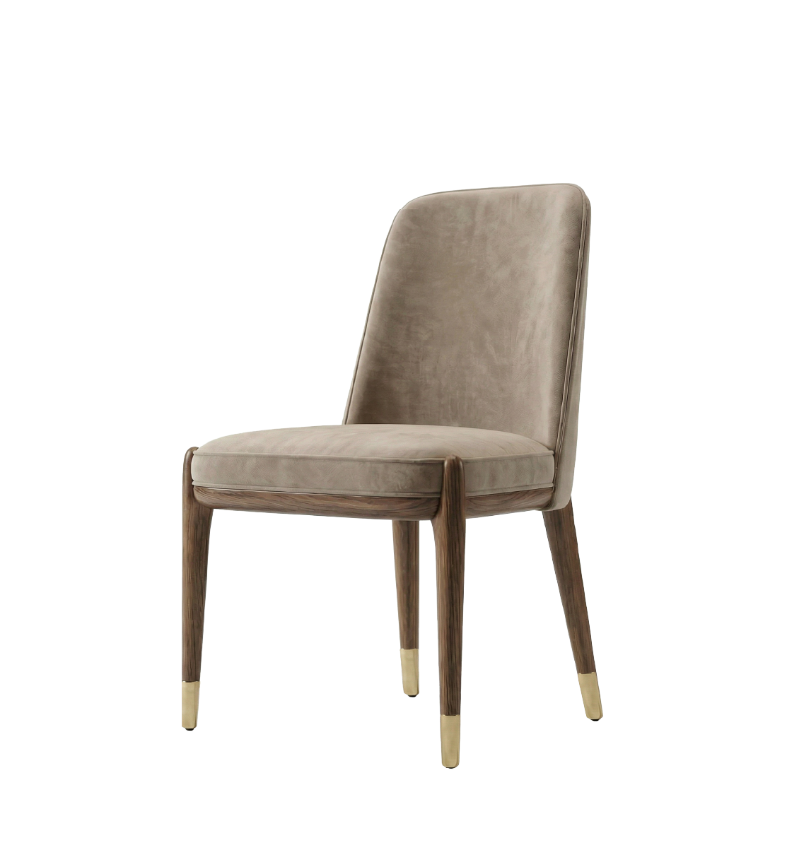 Elegant beige dining chair with brass-tipped legs and wooden frame