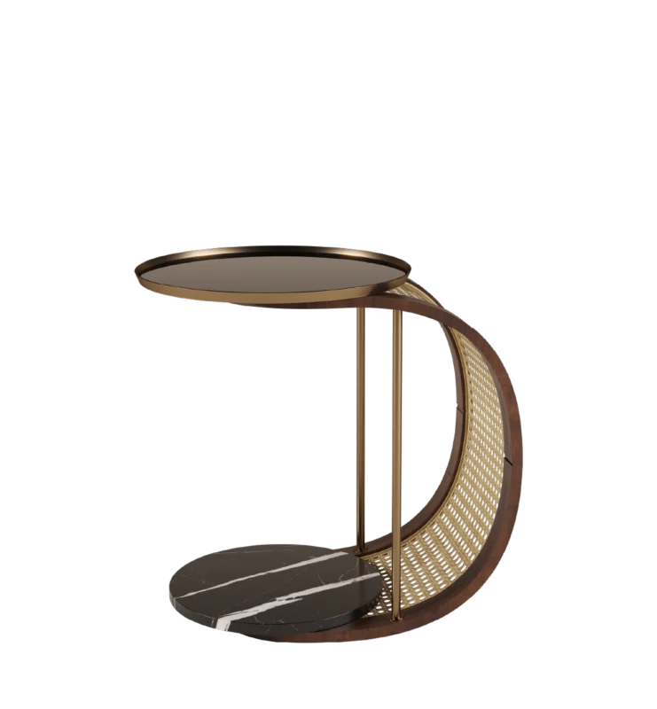 Amadeus Side Table featuring a unique curved design with marble and caned wood accents, perfect for modern living rooms.