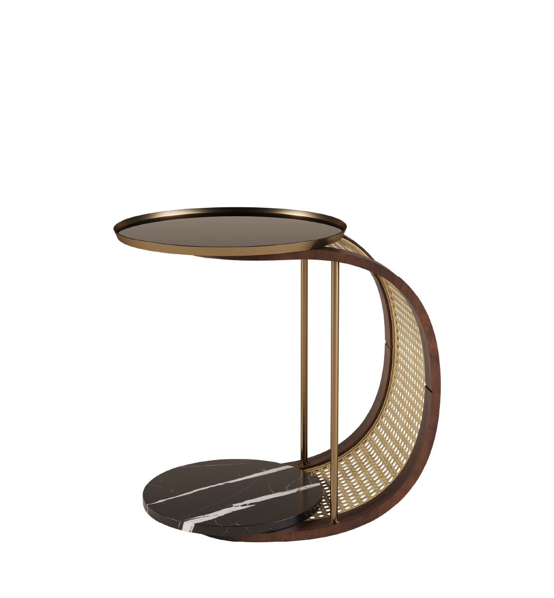 Amadeus Side Table featuring a unique curved design with marble and caned wood accents, perfect for modern living rooms.