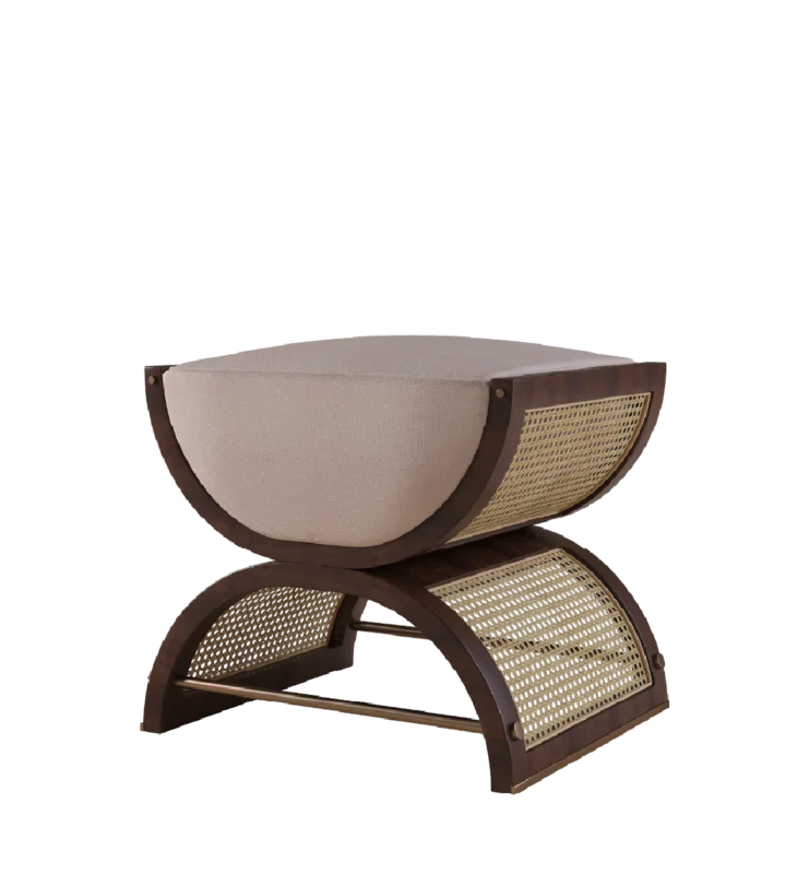 Amadeus Stool featuring a sleek design with a rounded seat, woven rattan base, and luxurious wood accents, perfect for contemporary interiors.