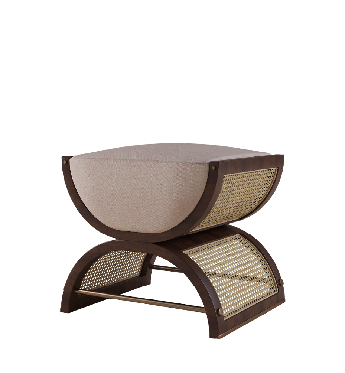 Amadeus Stool featuring a sleek design with a rounded seat, woven rattan base, and luxurious wood accents, perfect for contemporary interiors.