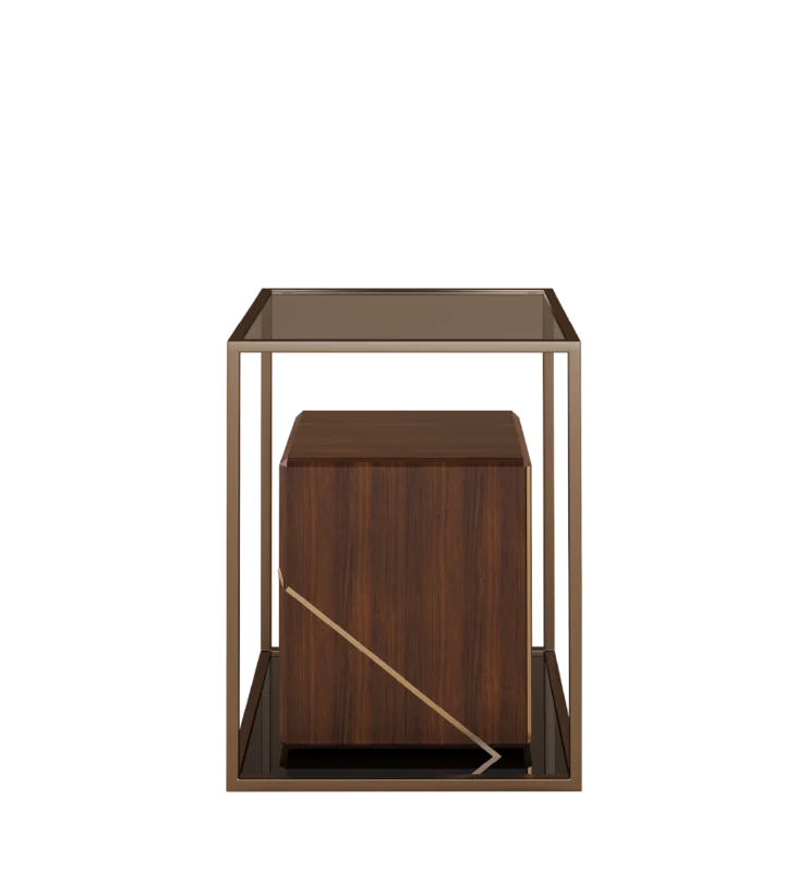 Bach Side Table featuring a luxurious combination of rich wood veneer and a sleek bronze frame with a unique diagonal design.