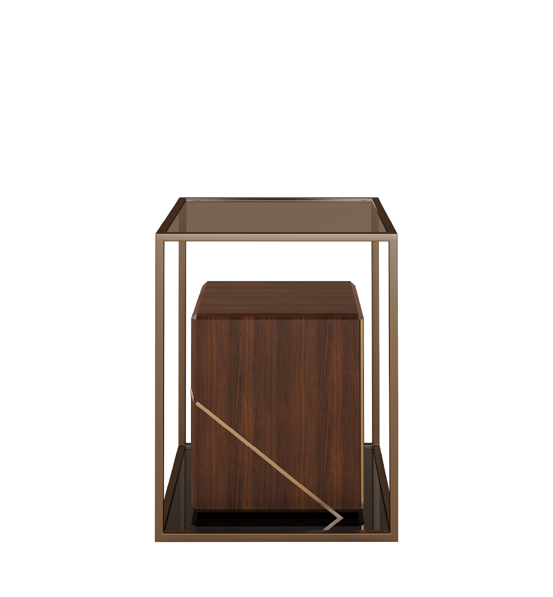 Bach Side Table featuring a luxurious combination of rich wood veneer and a sleek bronze frame with a unique diagonal design.