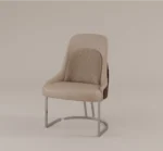 Beige upholstered dining chair with quilted backrest and metal base