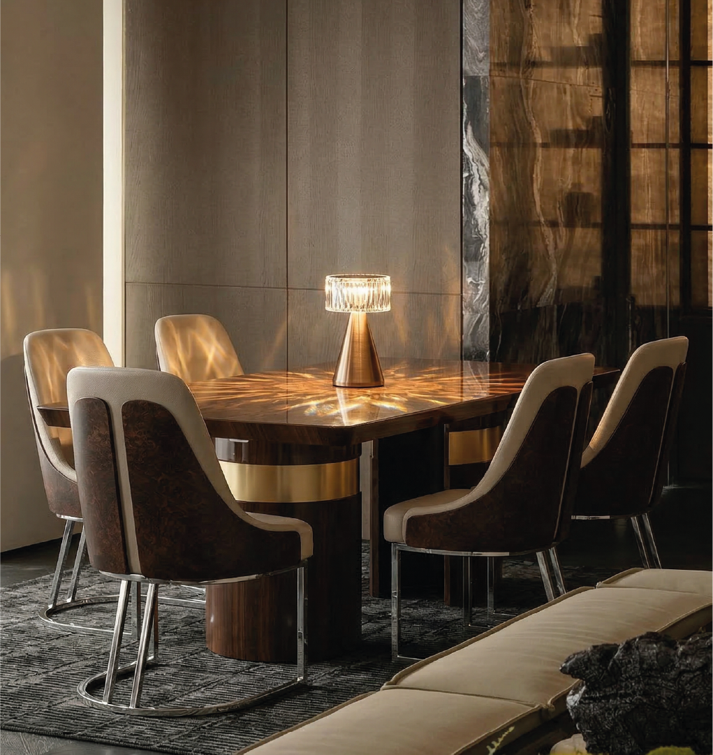 Designer upholstered dining chairs with metal base around burl wood table