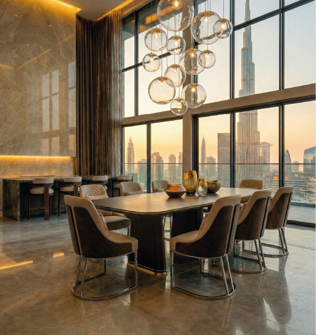 Luxury dining room with upholstered chairs, marble finishes and city skyline view