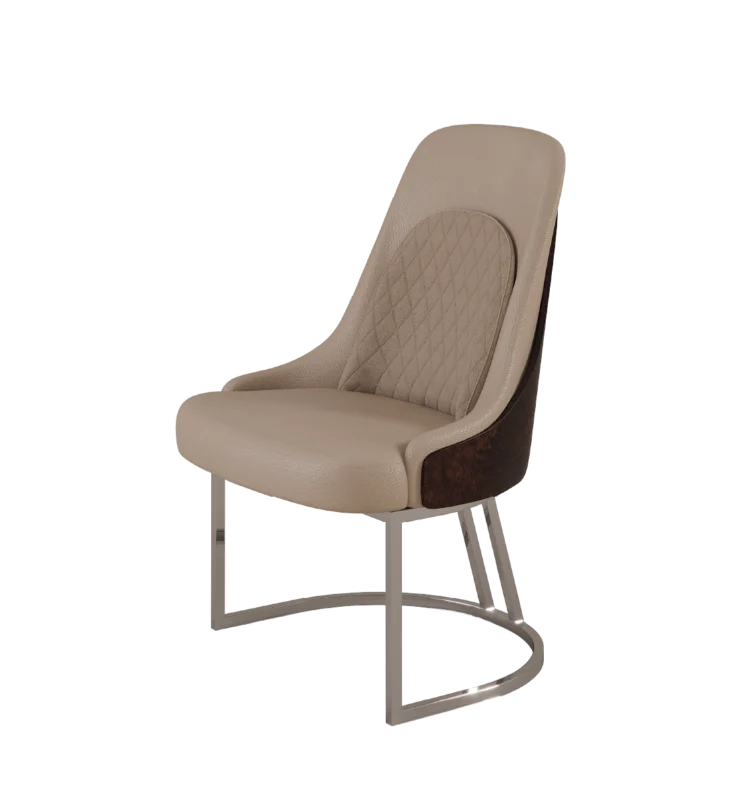 Modern beige dining chair with quilted upholstery and metal sled base