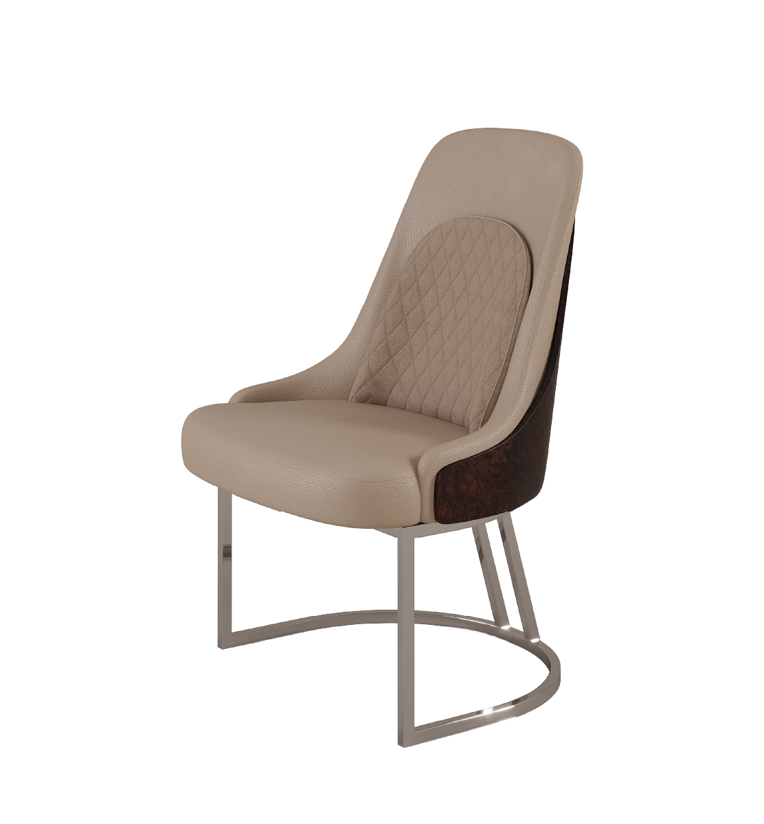 Modern beige dining chair with quilted upholstery and metal sled base