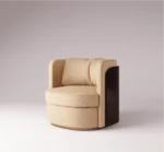 Luxurious beige Brahms armchair with a curved design and dark wood detailing