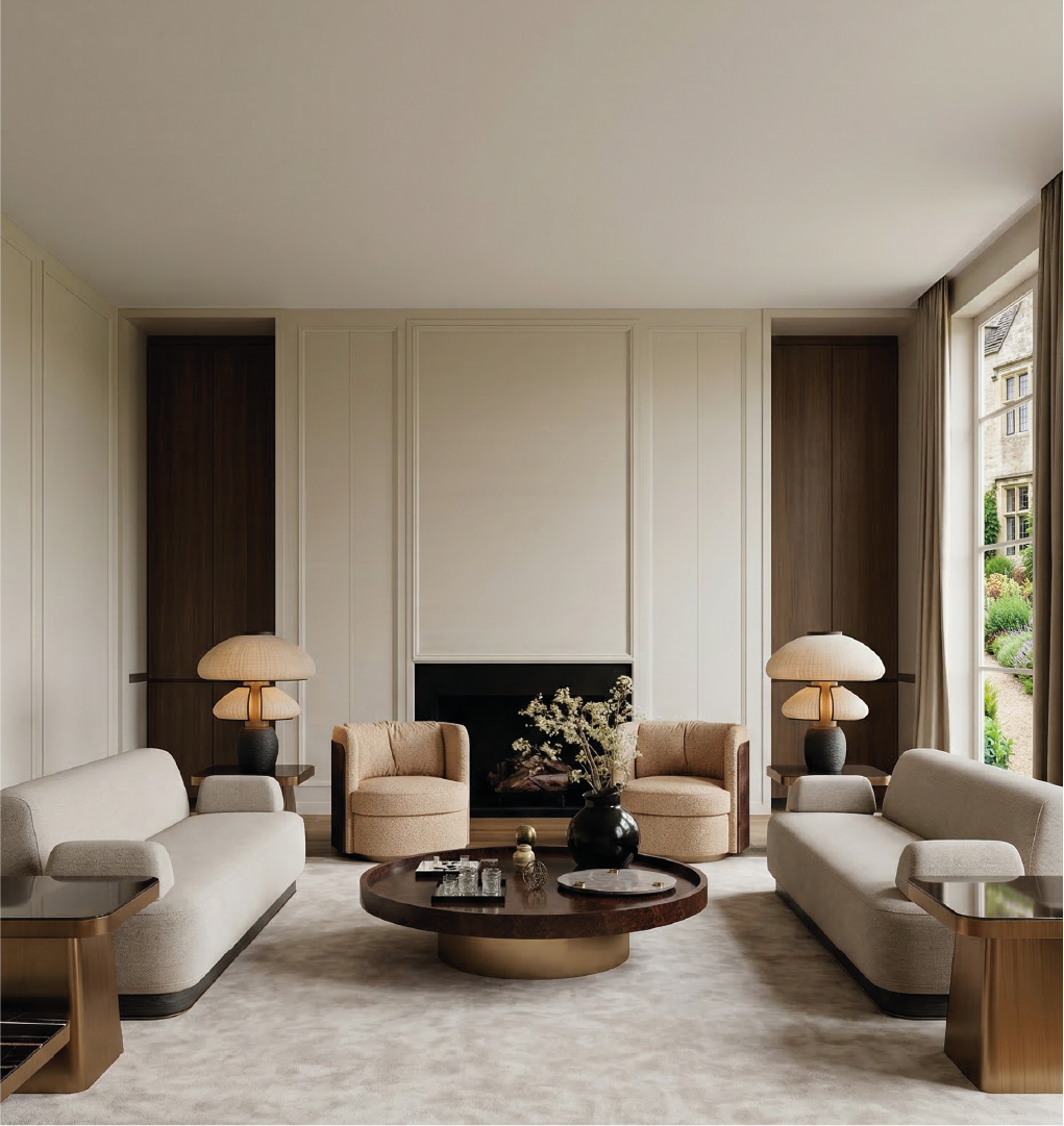 Sophisticated Brahms armchair in a refined living room with soft neutral tones and a fireplace