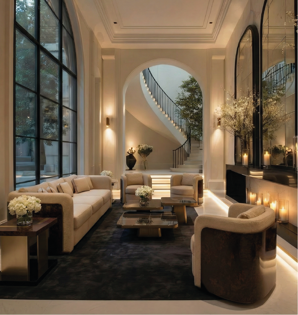 Elegant Brahms armchair in a luxurious living room with a grand staircase and modern decor