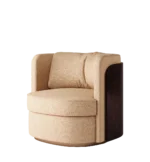 Luxurious beige Brahms armchair with a curved design and dark wood detailing