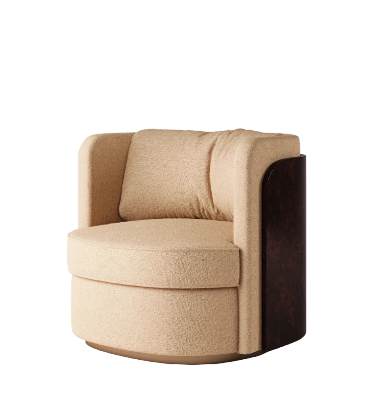 Luxurious beige Brahms armchair with a curved design and dark wood detailing