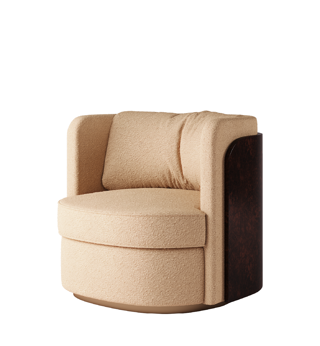 Luxurious beige Brahms armchair with a curved design and dark wood detailing
