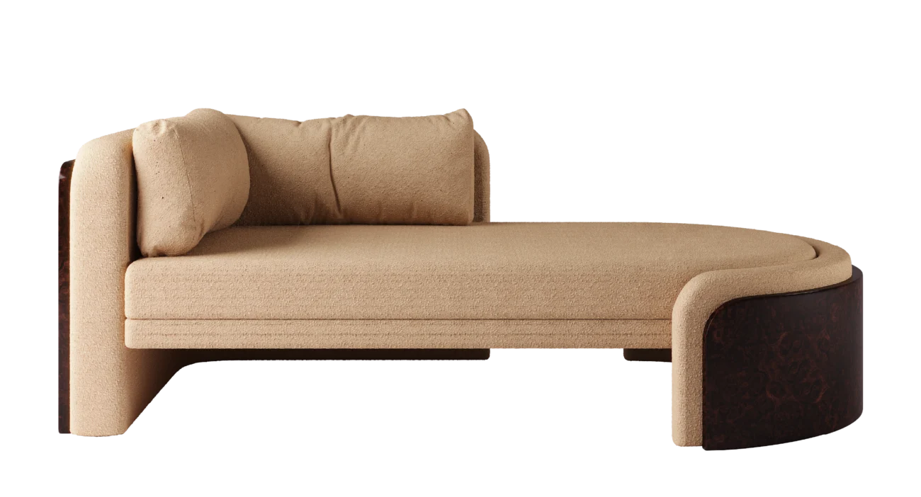 Luxurious Brahms chaise lounge with soft beige upholstery and rich dark wood accents in an elegant interior