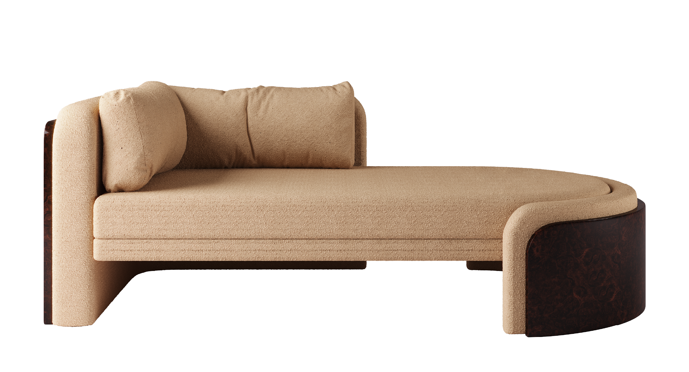 Luxurious Brahms chaise lounge with soft beige upholstery and rich dark wood accents in an elegant interior