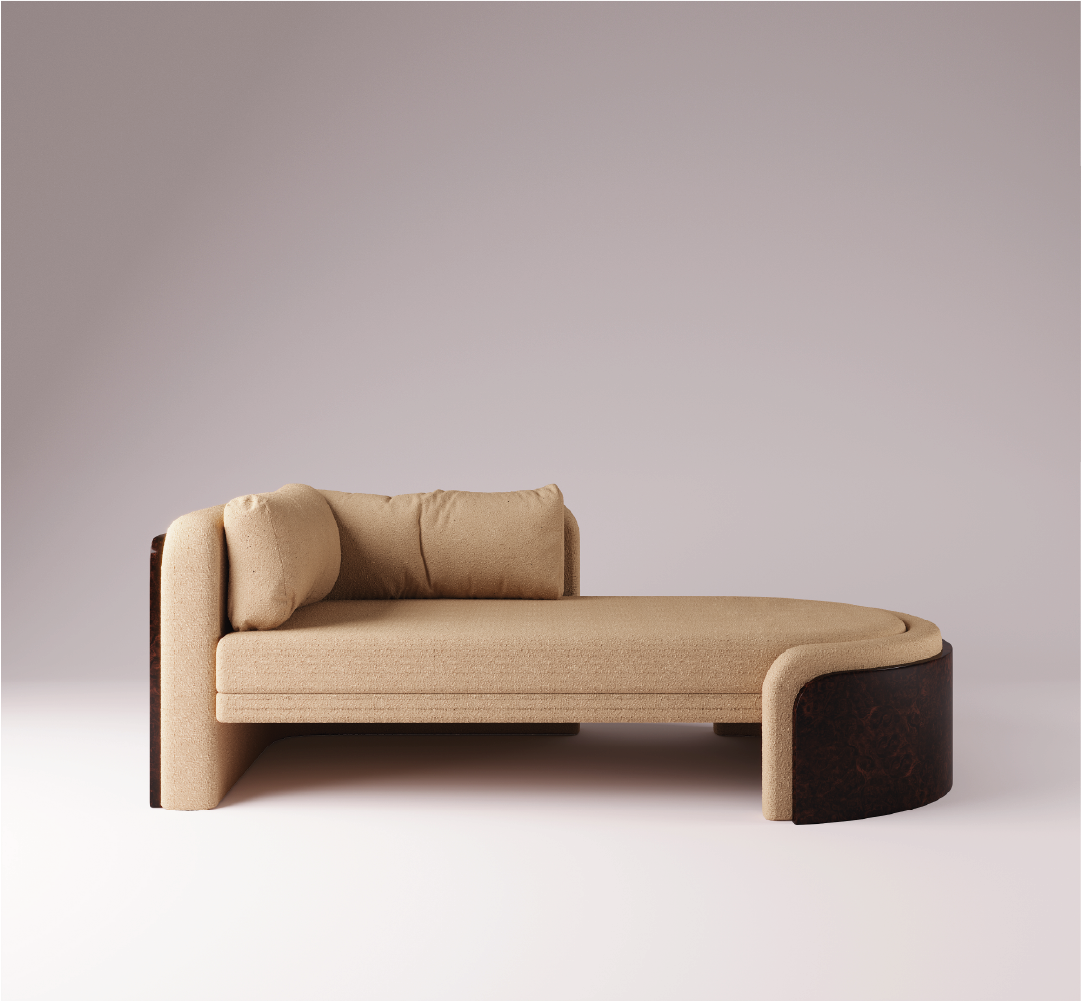 Brahms Chaise Lounge in luxurious beige upholstery with a modern design, featuring a rich brown wood base and a curved backrest.