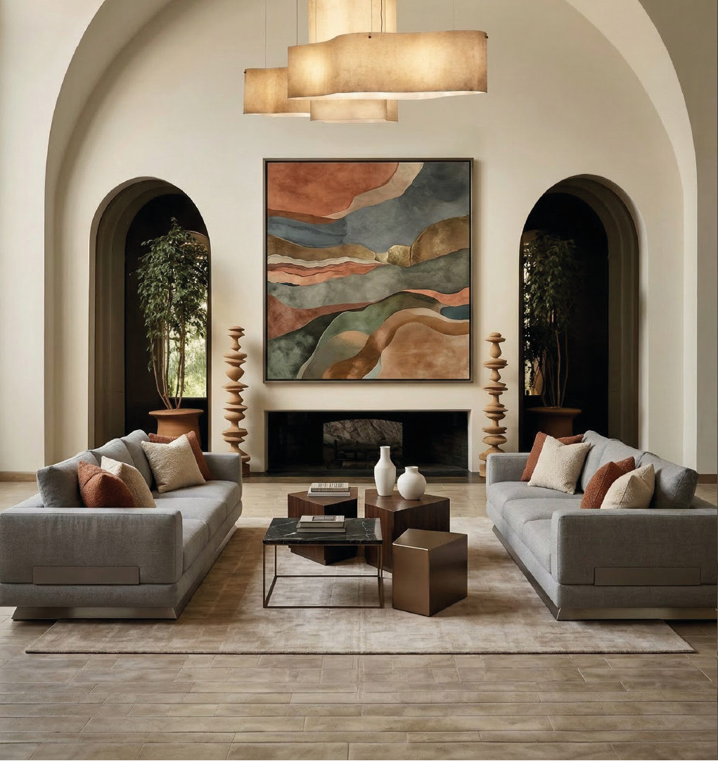 Britten Sofa – Sophisticated light gray sofa in a contemporary living room with modern artwork and elegant decor.