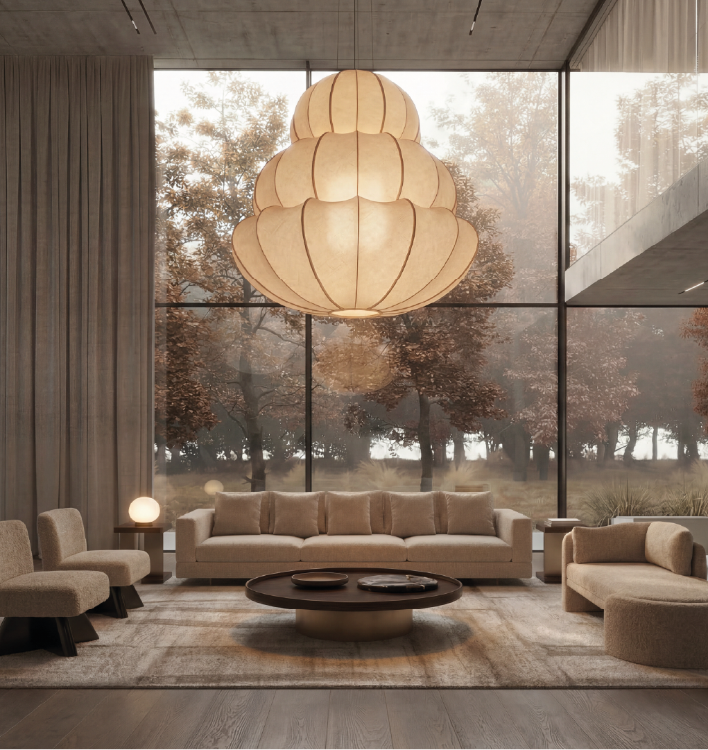 Britten Sofa – Cozy beige sofa with modern decor, featuring a large pendant light and floor-to-ceiling windows with scenic views.