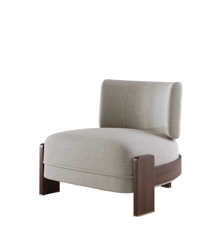 Byrd Armchair in a stylish living room with soft neutral tones, a wooden base, and contemporary décor.