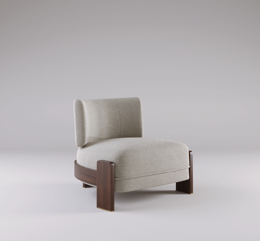 Byrd Armchair in a stylish living room with soft neutral tones, a wooden base, and contemporary décor.