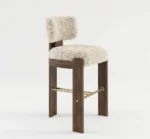 Modern wooden bar chair with cream shearling seat and brass footrest