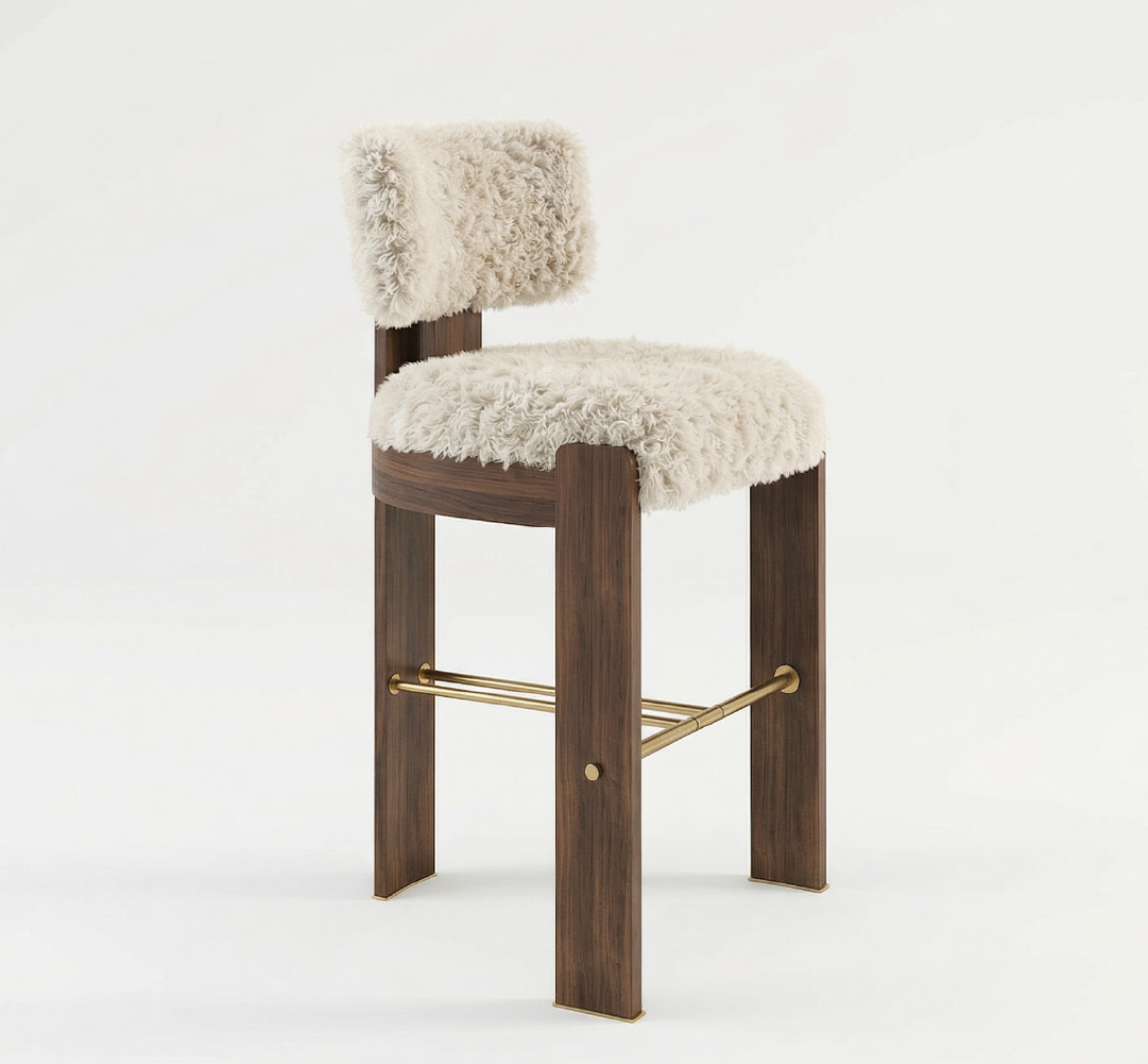 Modern wooden bar chair with cream shearling seat and brass footrest