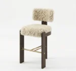 Modern wooden bar chair with cream shearling seat and brass footrest