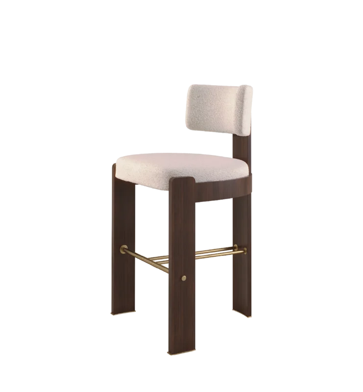 Elegant Byrd Bar Chair with plush white fabric and dark wood frame, showcasing modern bar stool design.