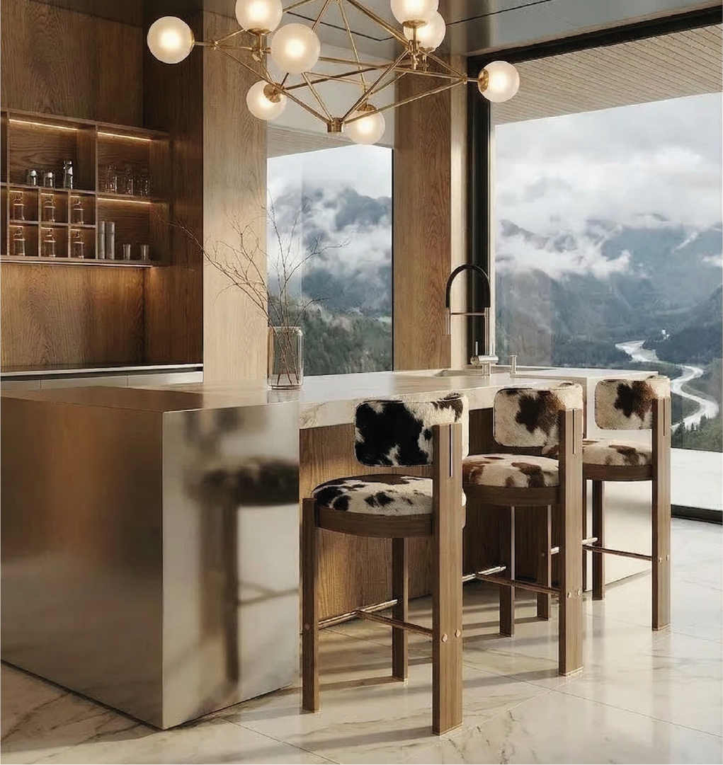Modern kitchen island with wooden bar stools upholstered in black and white cowhide, set against large mountain-view windows