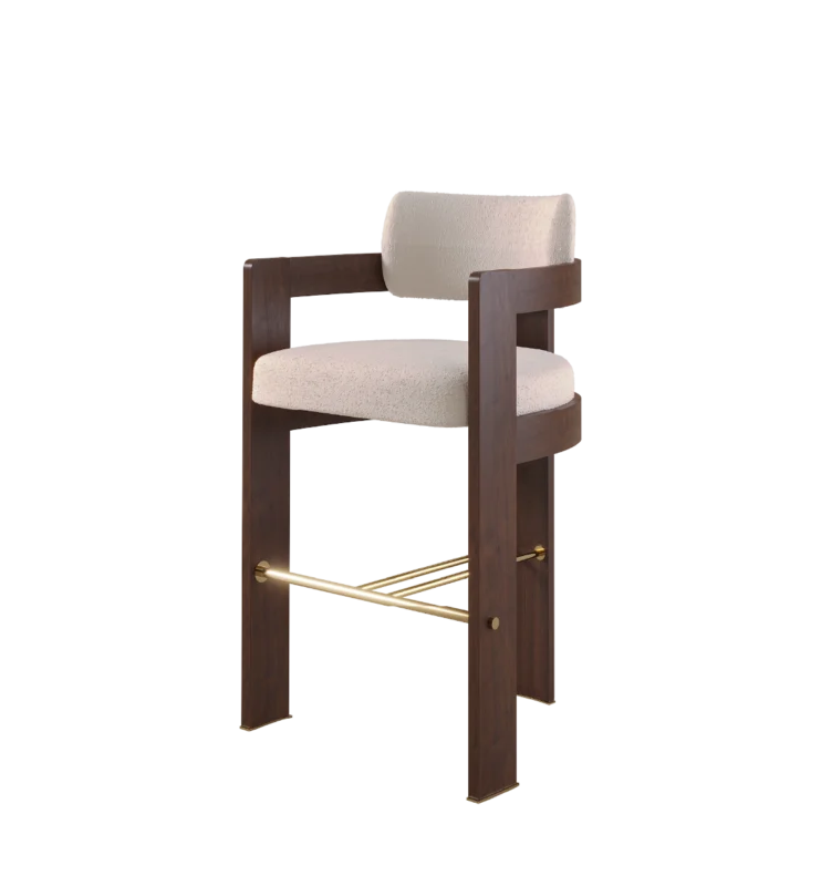 Byrd Bar Chair with armrests, luxurious fabric upholstery, and rich wood frame for modern bar seating.