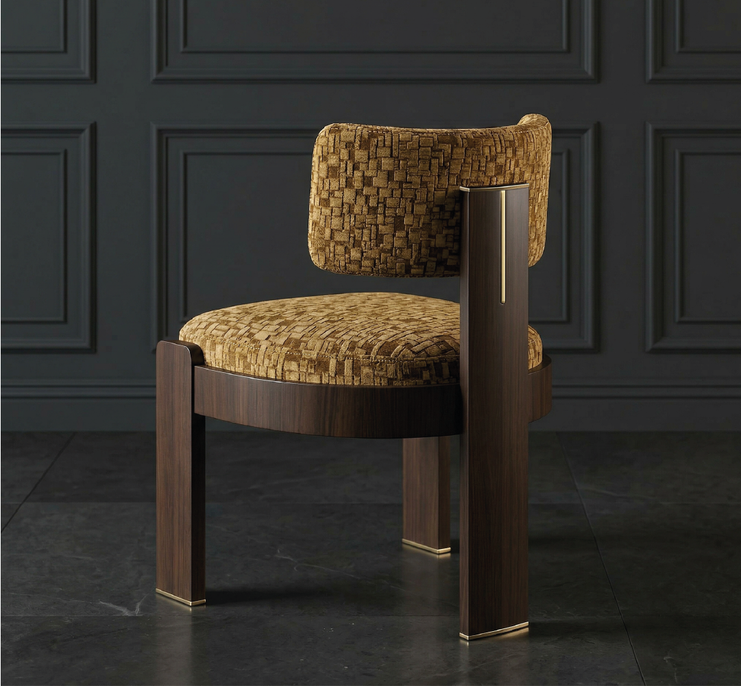 Luxury upholstered dining chair with textured fabric and dark wood frame