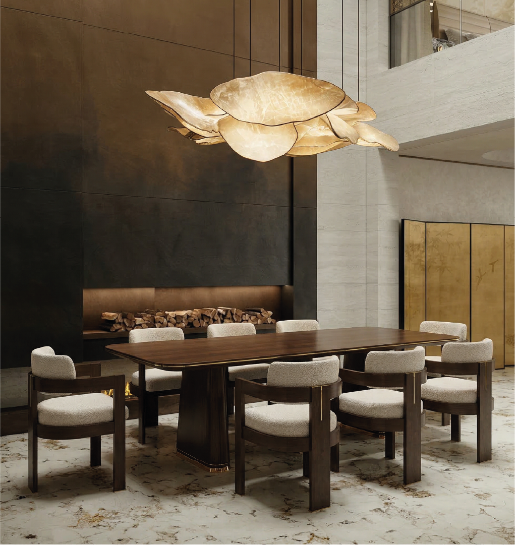 Luxury dining room with dark wood table and upholstered dining chairs