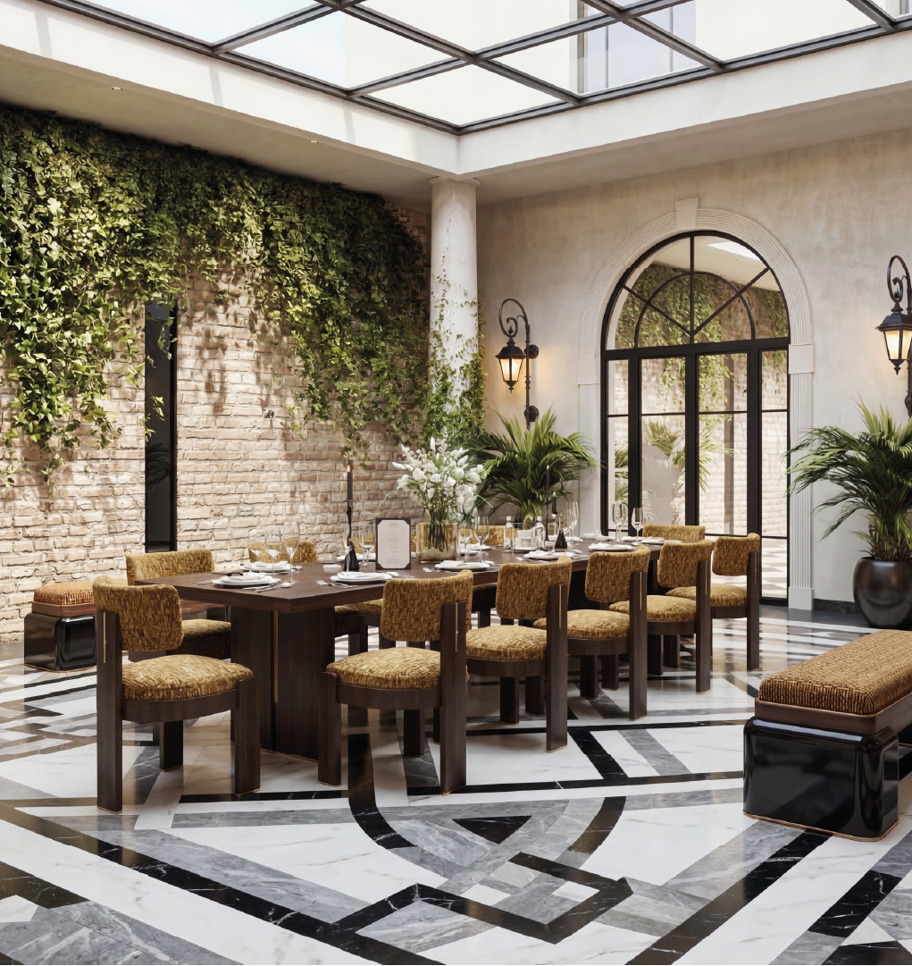 Luxury indoor courtyard dining area with wood table and upholstered chairs
