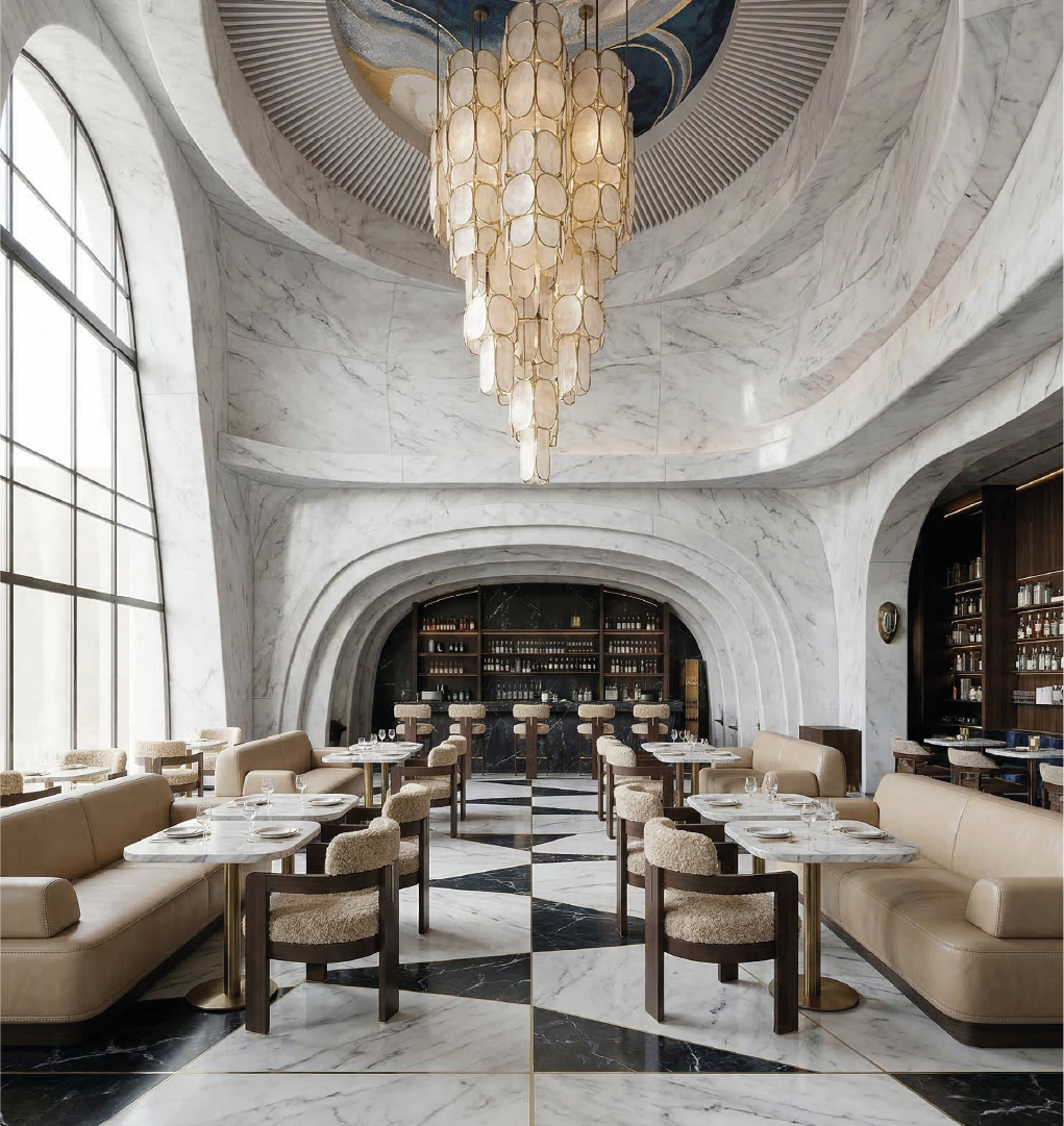 Luxury restaurant interior with marble architecture and upholstered dining chairs