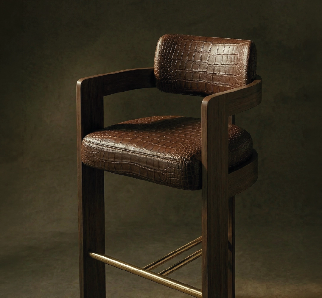 Luxury bar chair with crocodile leather upholstery and dark wood frame