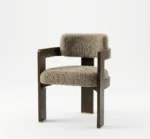 Luxury shearling upholstered dining chair with dark wood frame and brass feet