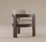 Luxury upholstered dining chair with curved wood frame and brass detail