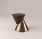 Debussy Side Table with sculptural hourglass shape, featuring wood veneer top and polished bronze base.