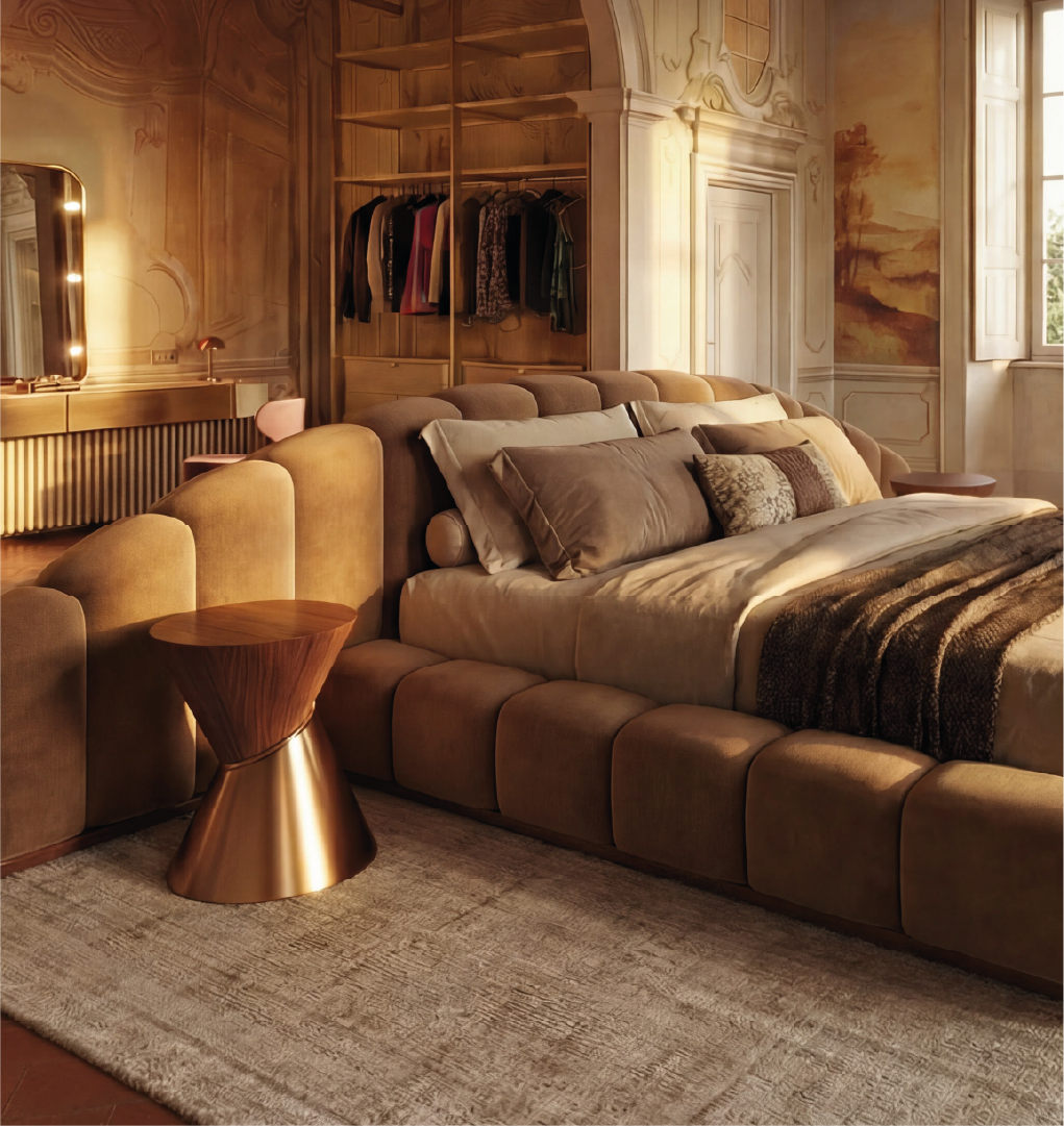 The Debussy Side Table adds sculptural elegance to a warm, layered bedroom interior, pairing wood veneer with a polished bronze base.