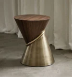 Debussy Side Table with sculptural hourglass shape, featuring wood veneer top and polished bronze base.