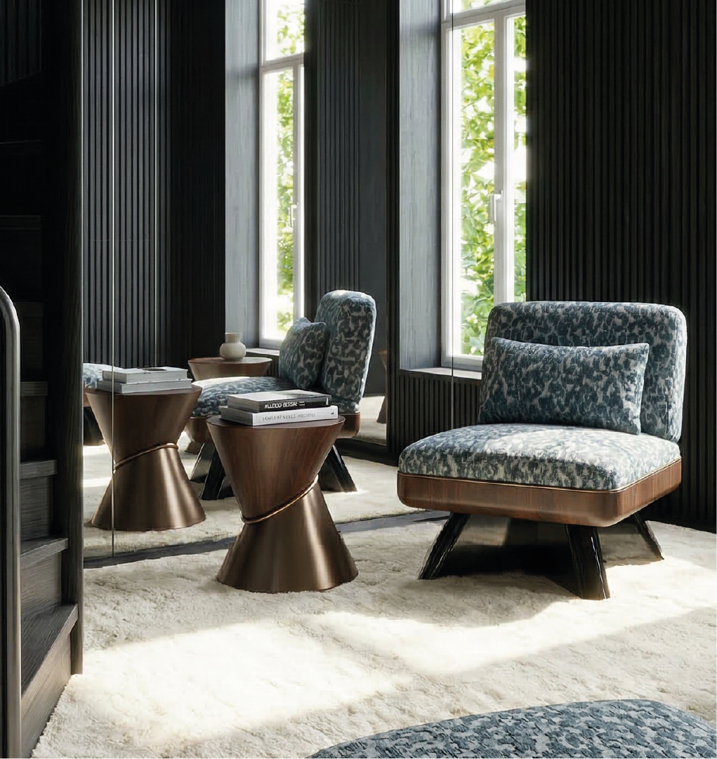 Debussy side table styled with books beside a patterned lounge chair in a modern interior with natural light and dark paneling.