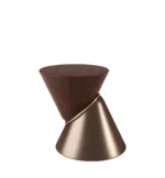 Debussy Side Table with sculptural hourglass shape, featuring wood veneer top and polished bronze base.