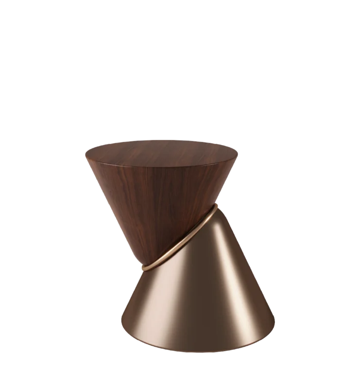 Debussy Side Table with sculptural hourglass shape, featuring wood veneer top and polished bronze base.