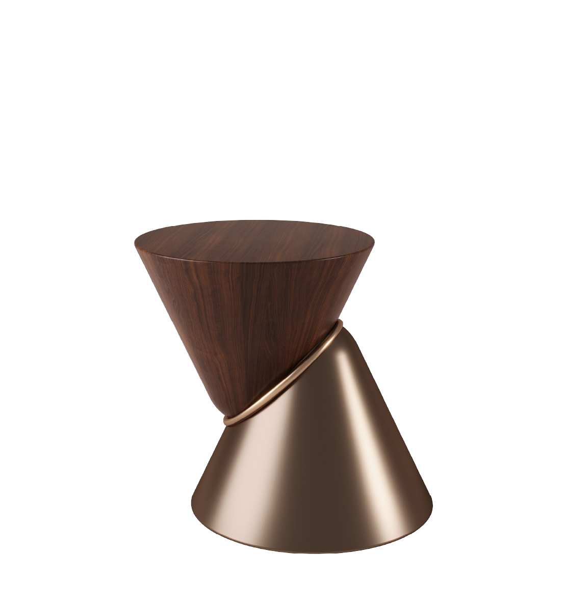 Debussy Side Table with sculptural hourglass shape, featuring wood veneer top and polished bronze base.