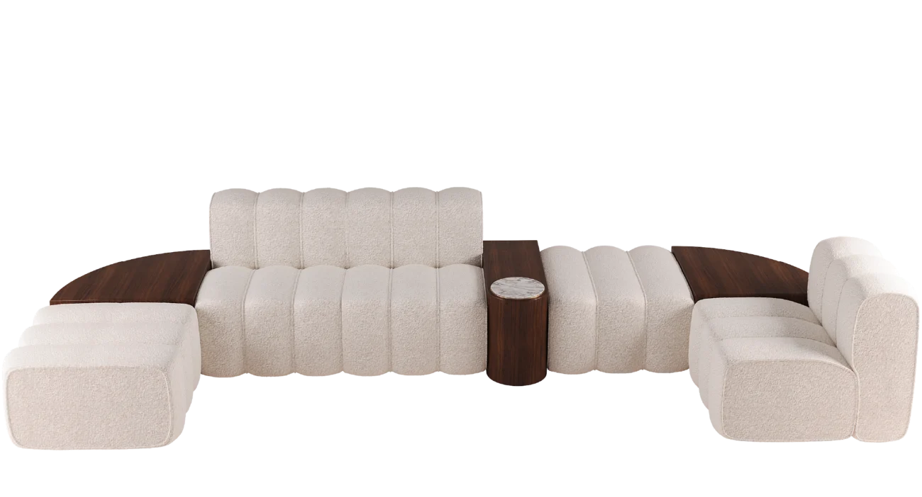 Haydn modular sofa in cream boucle fabric with integrated wood side tables and marble accent detail.