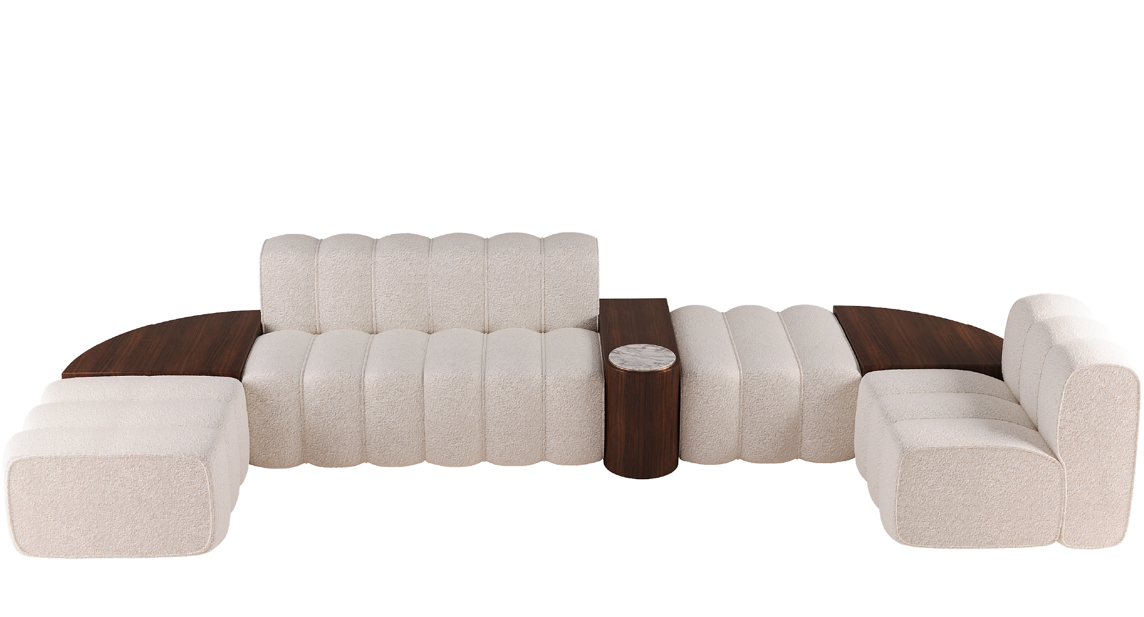 Haydn modular sofa in cream boucle fabric with integrated wood side tables and marble accent detail.