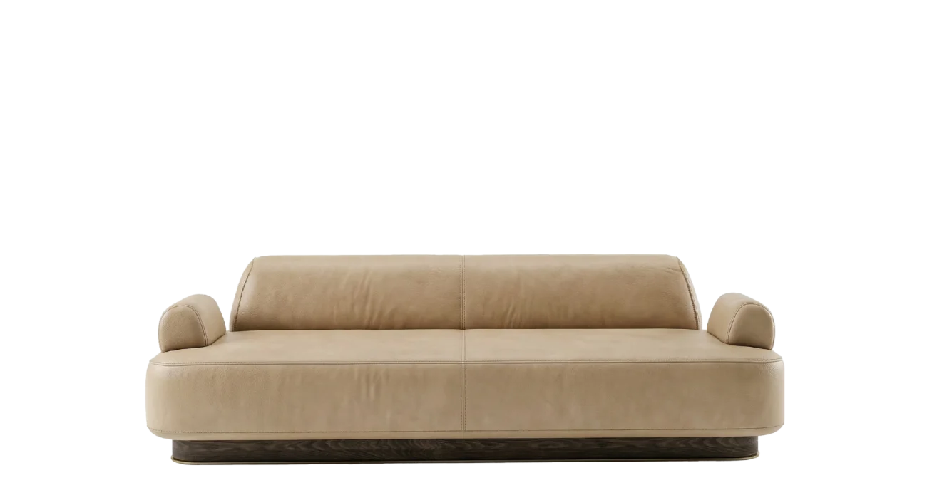 Hedy Sofa in modern design with sleek beige leather upholstery, low-profile frame, and wooden base, displayed against a neutral background.